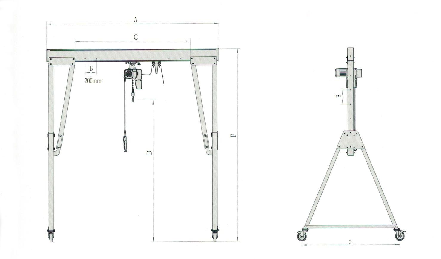 3.1 Dibujos de diseño de grúa pórtico de aluminio ajustable portátil con viga principal en forma de C